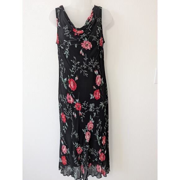 Eva Blue Womens Black‎ Floral Beaded Drape Neck Midi Dress 12P Fairy Wimsygoth - Picture 1 of 8
